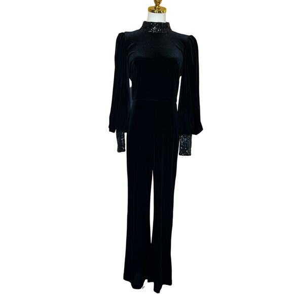 Badgley Mischka Black Velvet Jumpsuit SIZE 10 Cocktail Soft Sequin Designer $630 - Picture 7 of 11